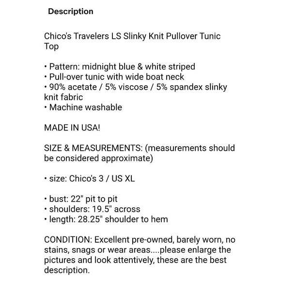 Chico's Travelers LS Slinky Knit Pullover Tunic Top  Size XL  (3)  Midnight Blue - Picture 5 of 5